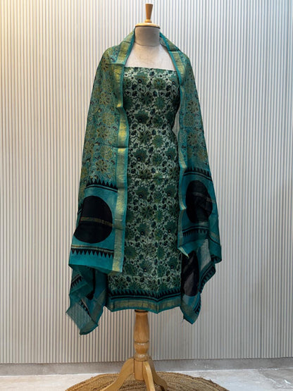 Unstitched Vanaspati Ajrakh Print Maheshwari Silk Suit