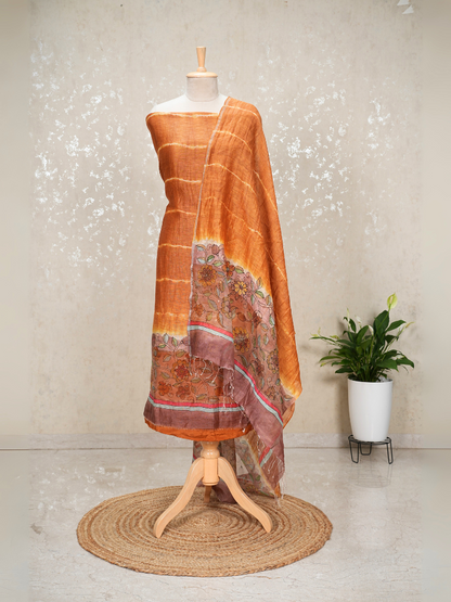 Unstitched Silk Linen Kalamkari Suit with Sequin Weave – Rust Orange