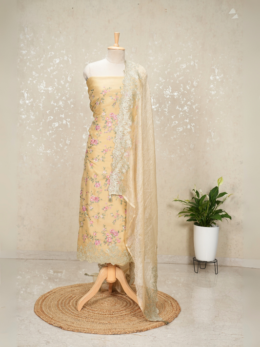 Unstitched Organza Suit with Heavy Zari Embroidery – Beige