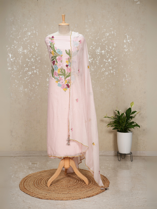 Unstitched Heavy Neck Embroidered Mul Chanderi Suit – Light Pink
