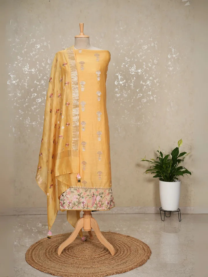 Chanderi Banarasi with zari like embroidery on shirt hem and dupatta with bootas embroidered with imported bottom