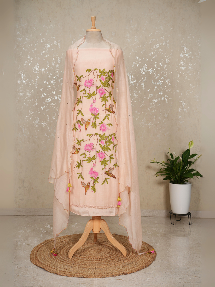 Unstitched Hummingbird Embroidered Mul Chanderi Suit – Peach