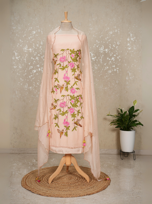 Unstitched Hummingbird Embroidered Mul Chanderi Suit – Peach