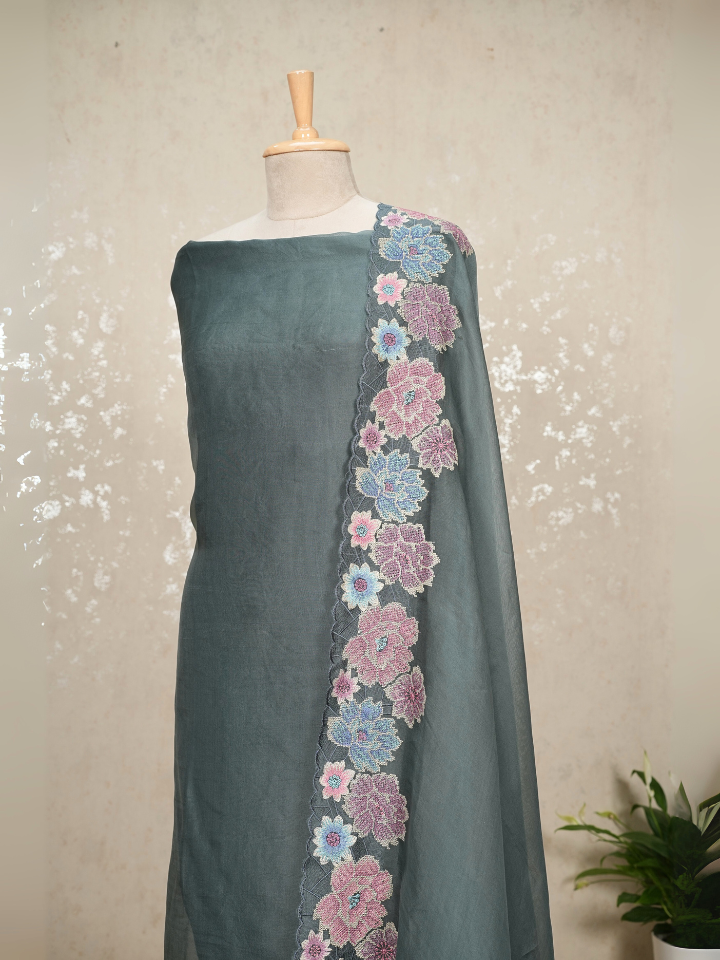 organza silk 3pc set with very fine embroidery on hem and dupatta with pure crepe bottom