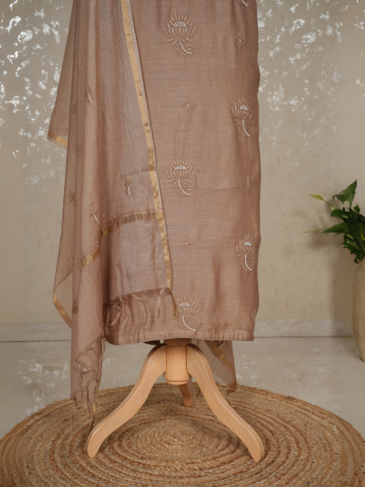 Unstitched Chikankari Mul Chanderi Suit with Pearl & Sequin Embroidery