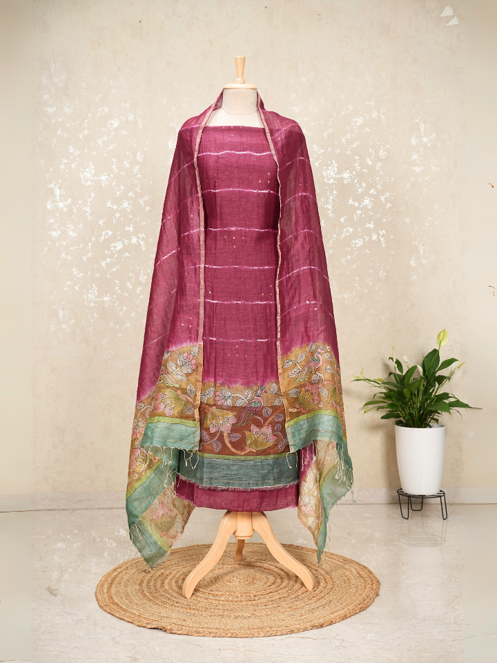 Unstitched Silk Linen Kalamkari Suit with Sequin Weave – Wine