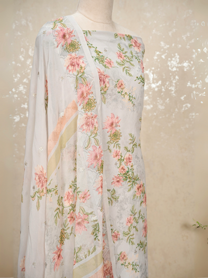Unstitched Sequined Pure Georgette Printed Suit with Crepe Bottom