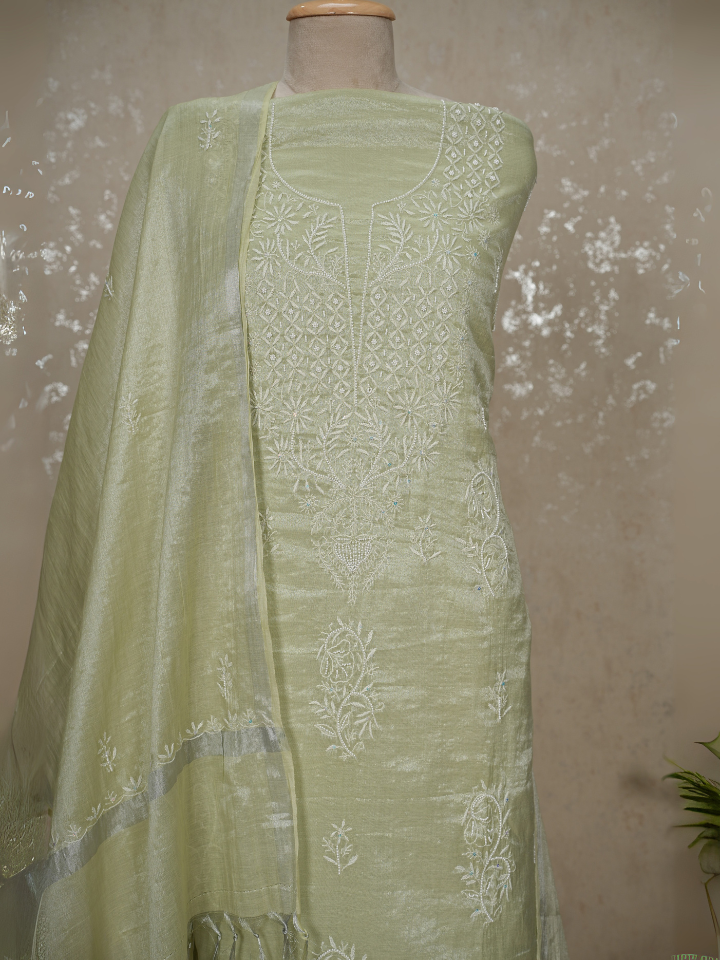 Unstitched Tissue Mul Chanderi Chikankari Suit – Pistachio Green