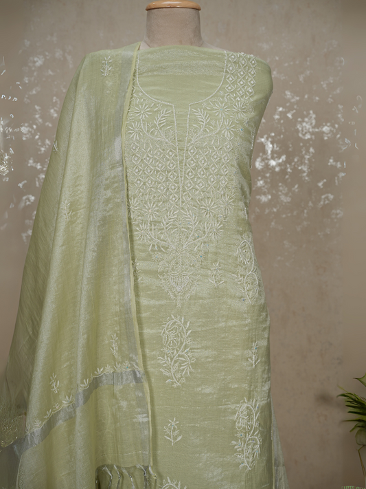 Unstitched Tissue Mul Chanderi Chikankari Suit – Pistachio Green