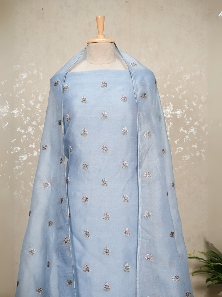 Unstitched Organza Suit with Thread Embroidery & Cutwork Hem