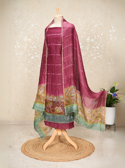 Unstitched Pure Silk Linen Kalamkari Suit with Crepe Bottom & Sequin Weave – 3 Pc Party Set