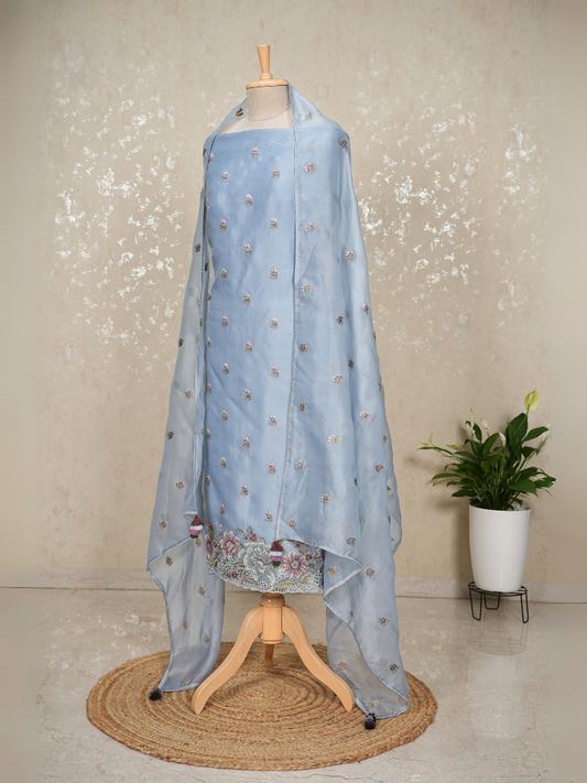 Unstitched Organza Suit with Thread Embroidery & Cutwork Hem – Sky Blue