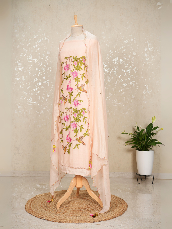 Hummingbird Embroidered Mul Chanderi Suit with Sequin Dupatta – 3 Pc Set