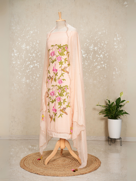 Unstitched Hummingbird Embroidered Mul Chanderi Suit with Sequin Dupatta – 3 Pc Set