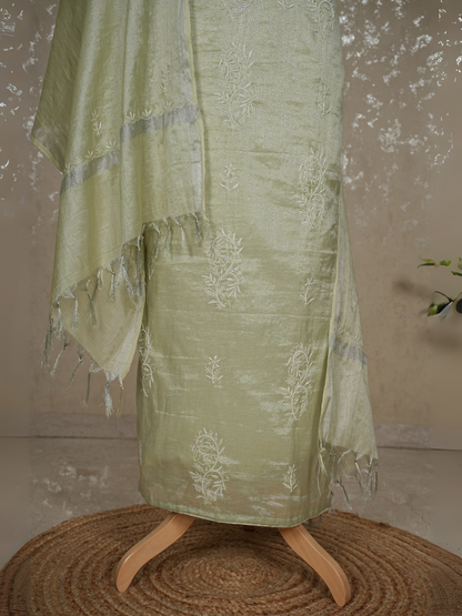 Unstitched Tissue Mul Chanderi Chikankari Suit – Pistachio Green