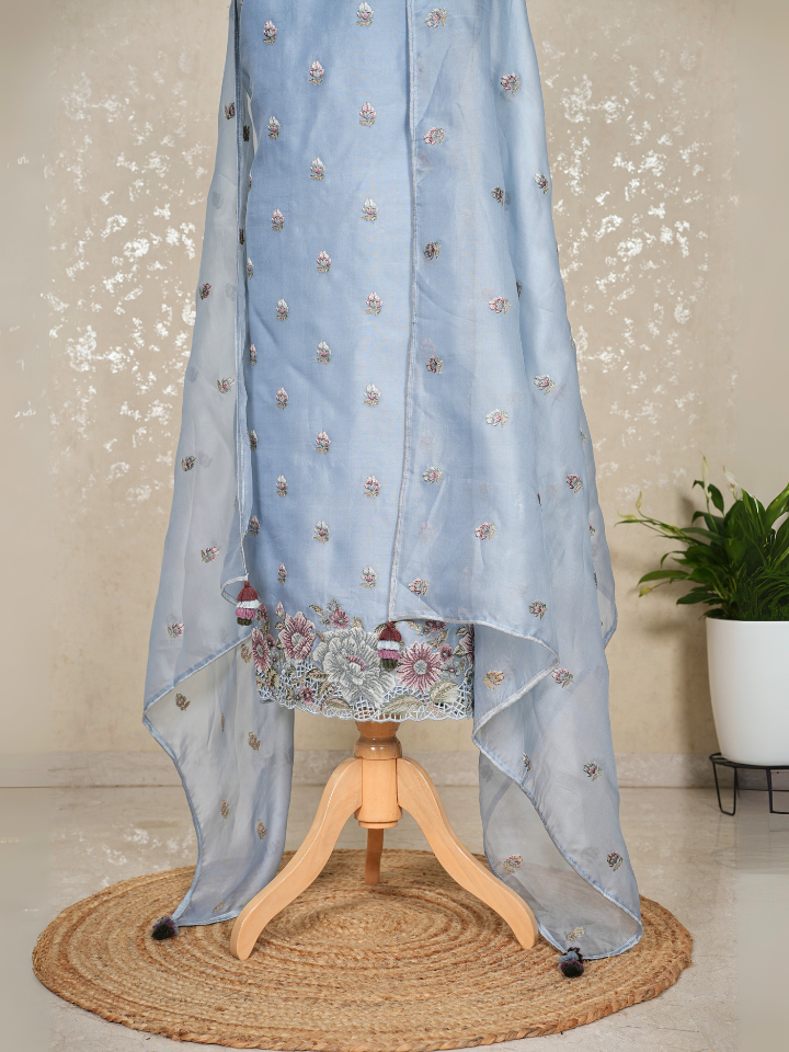 Unstitched Organza Suit with Thread Embroidery & Cutwork Hem