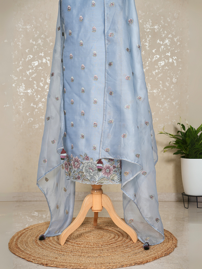 Unstitched Organza Suit with Thread Embroidery & Cutwork Hem