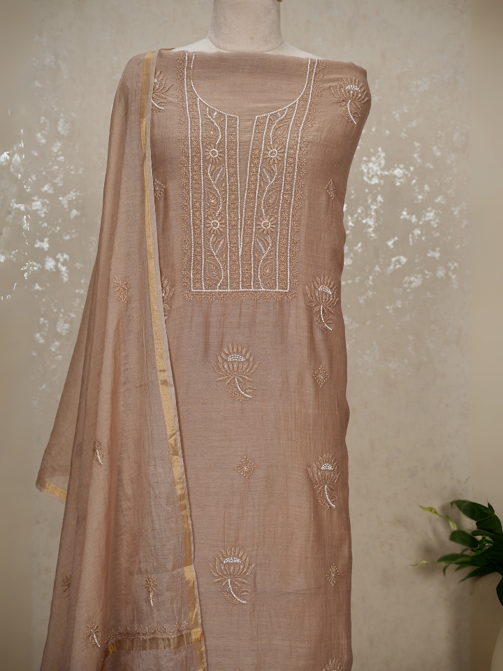 Unstitched Chikankari Mul Chanderi Suit with Pearl & Sequin Embroidery