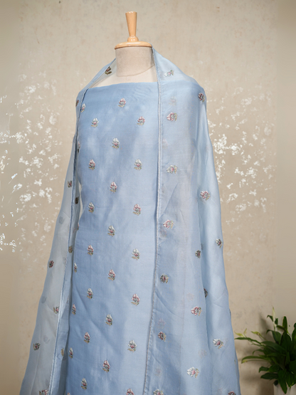 Unstitched Organza Suit with Thread Embroidery & Cutwork Hem