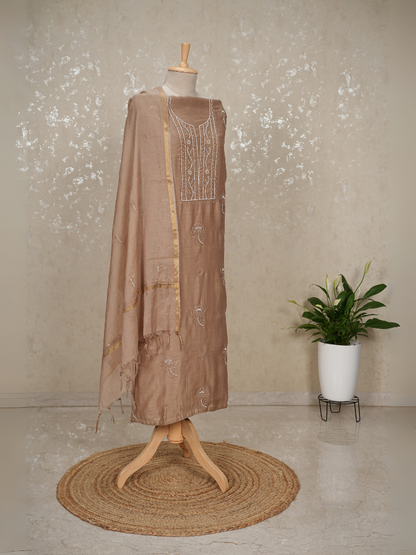 Unstitched Chikankari Mul Chanderi Suit with Pearl & Sequin Work – Brown