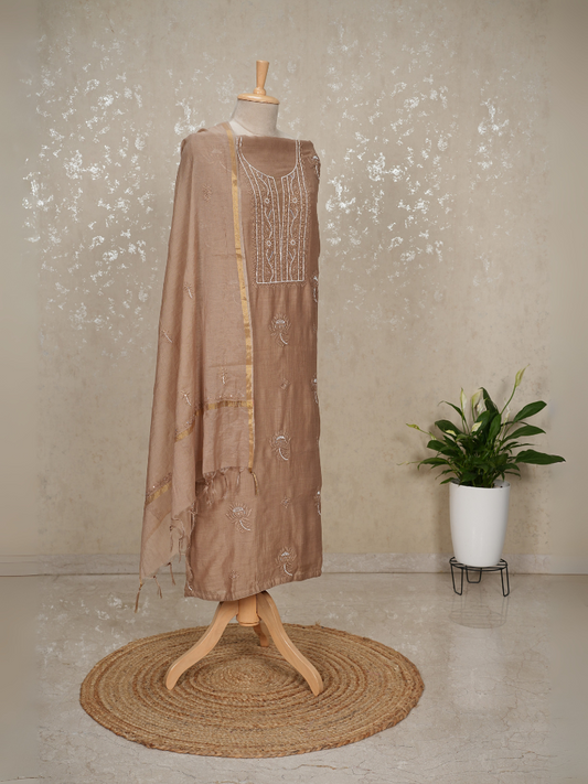 Unstitched Chikankari Mul Chanderi Suit with Pearl & Sequin Work – Brown