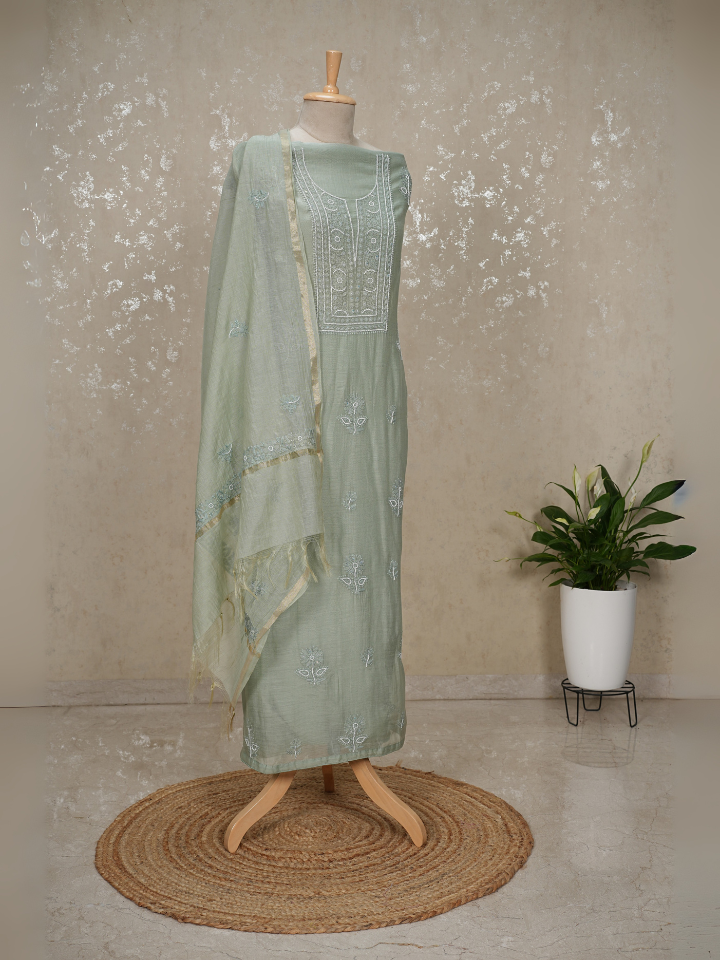 Unstitched Chikankari Mul Chanderi Suit with Pearl & Sequin Embroidery