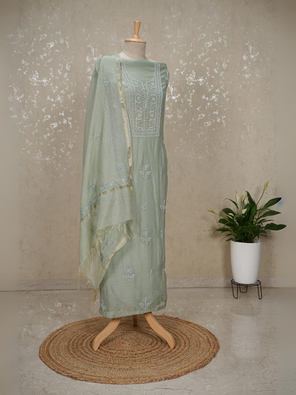 Unstitched Chikankari Mul Chanderi Suit with Pearl & Sequin Embroidery