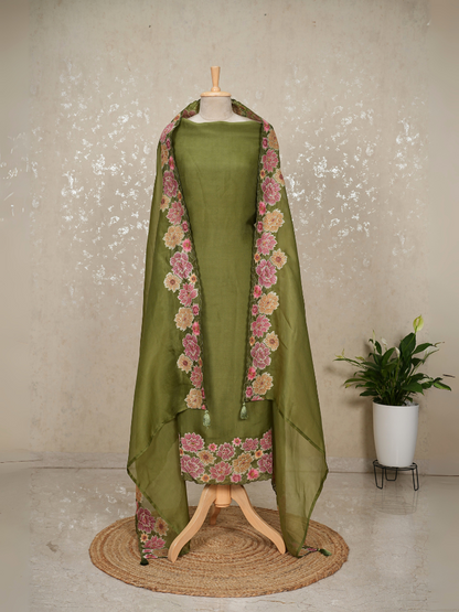 Unstitched Organza Silk Suit with Heavy Border – Olive Green