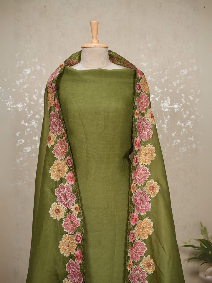 organza silk 3pc set with very fine embroidery on hem and dupatta with pure crepe bottom