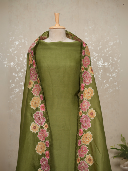 Unstitched Organza Silk Suit with Fine Embroidery & Pure Crepe Bottom – 3 Pc Set