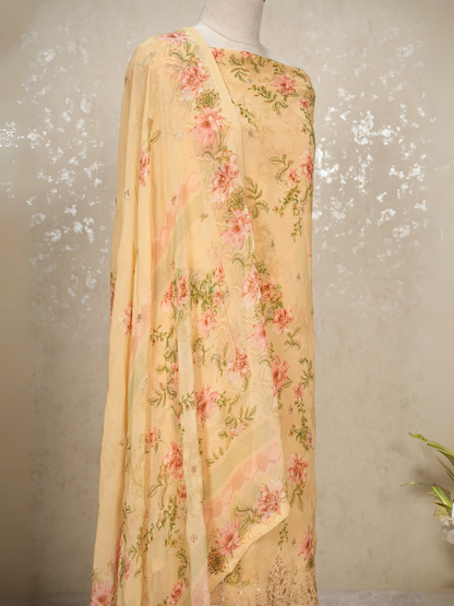 Unstitched Sequined Pure Georgette Printed Suit with Crepe Bottom