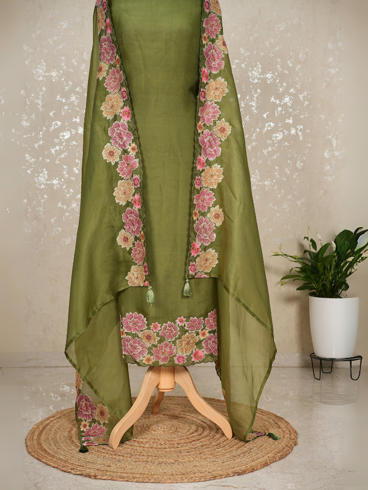 organza silk 3pc set with very fine embroidery on hem and dupatta with pure crepe bottom