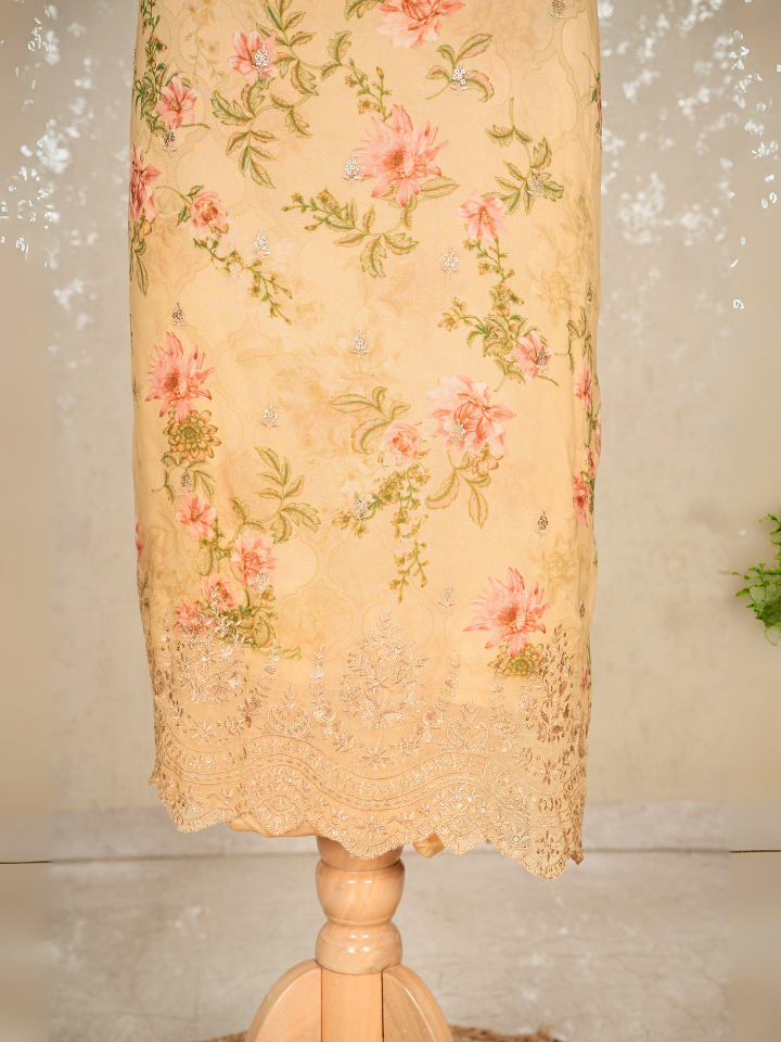 Unstitched Sequined Pure Georgette Printed Suit with Crepe Bottom