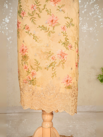 Unstitched Sequined Pure Georgette Printed Suit with Crepe Bottom