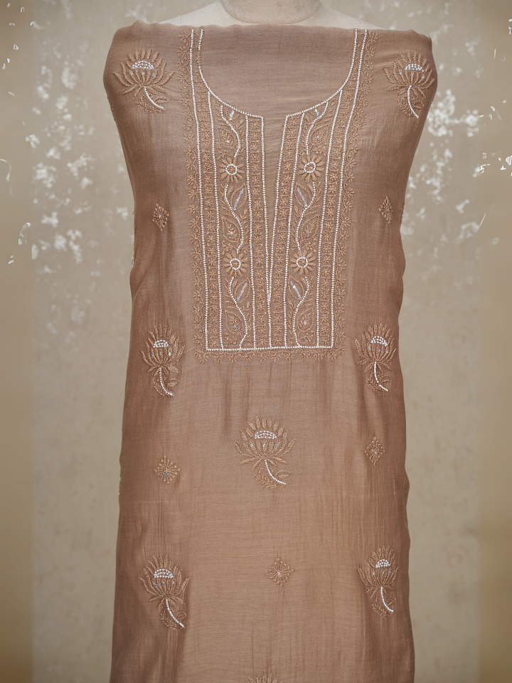 Unstitched Chikankari Mul Chanderi Suit with Pearl & Sequin Embroidery