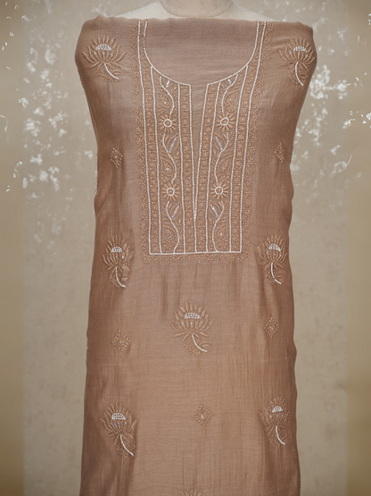 Unstitched Chikankari Mul Chanderi Suit with Pearl & Sequin Embroidery