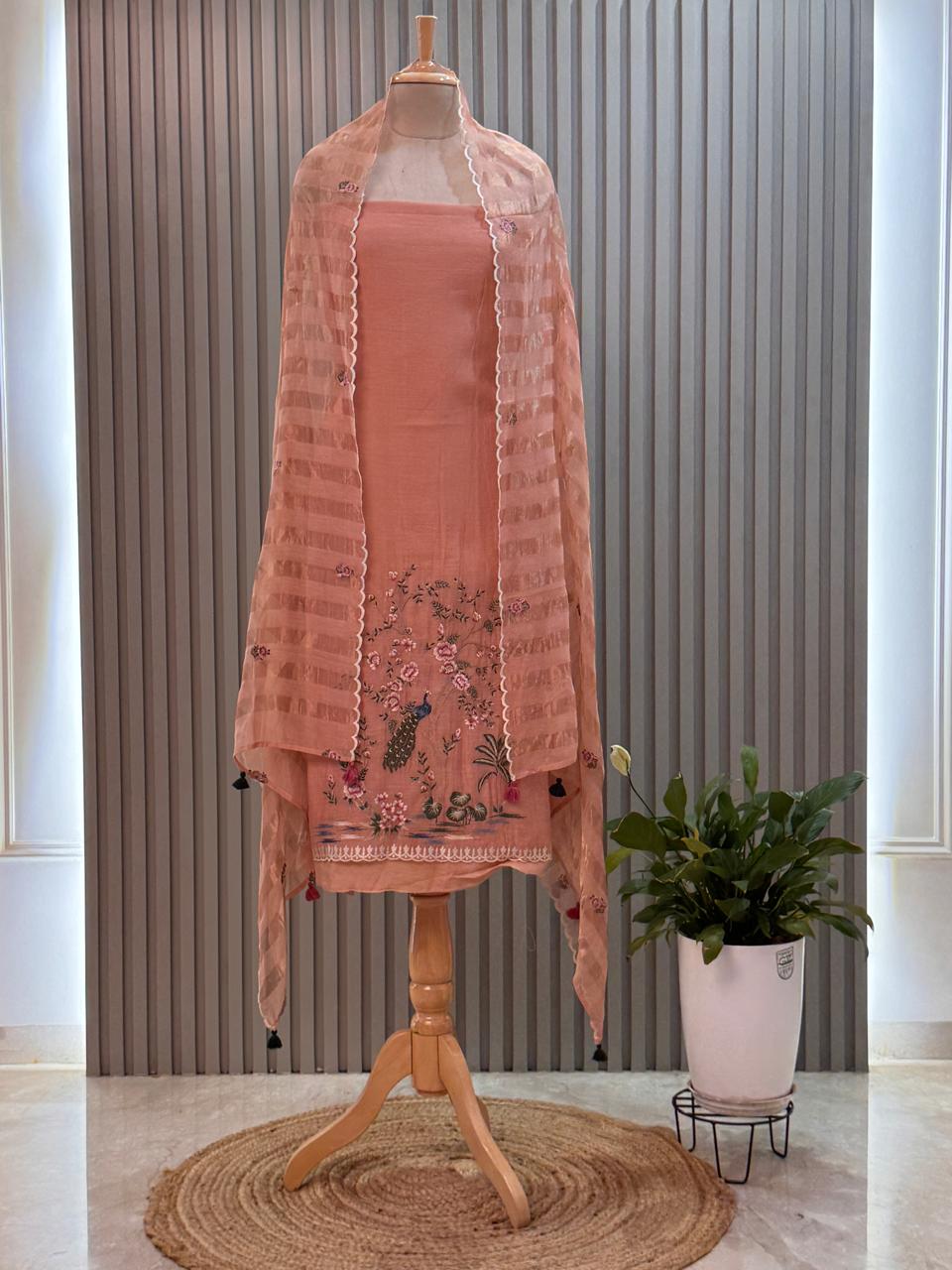 Peacock Motif Mul Chanderi Suit with Tissue Strip Dupatta
