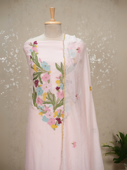 Unstitched Heavy Neck Embroidered Pure Mul Chanderi Suit with Beads & Tassel Dupatta – 3 Pc Set