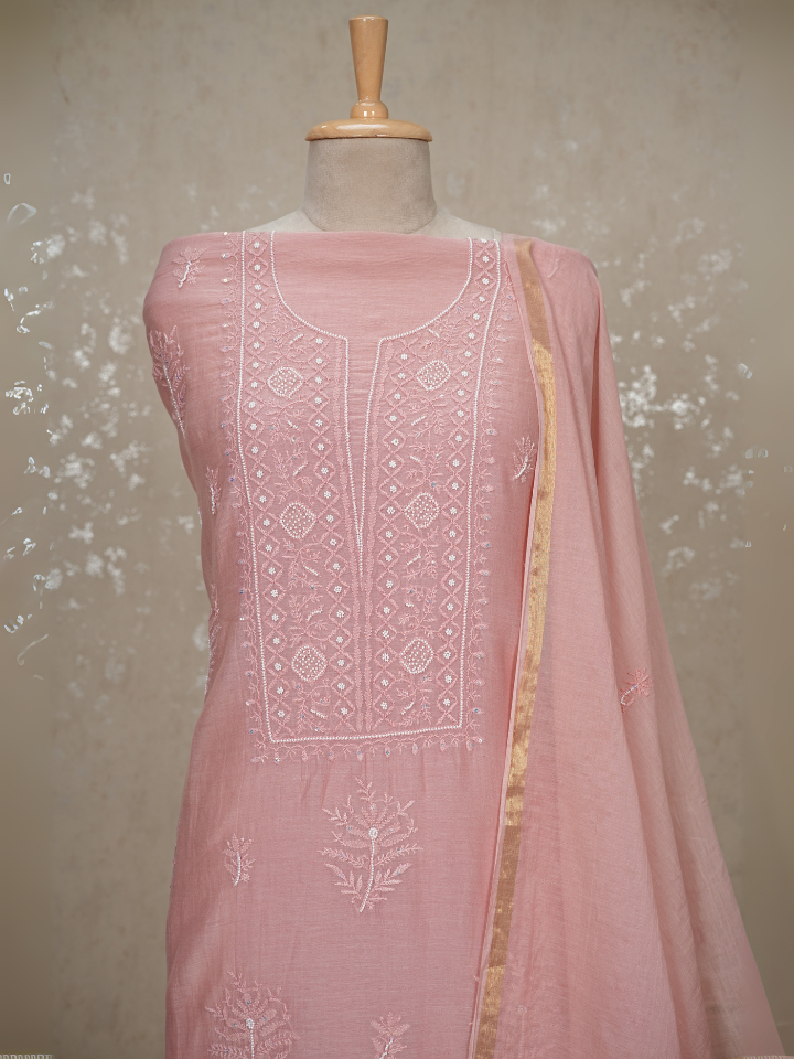 Unstitched Chikankari Mul Chanderi Suit with Pearl & Sequin Embroidery