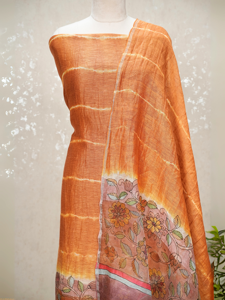 Pure Silk Linen Kalamkari Suit with Crepe Bottom & Sequence Weave – 3 Pc Party Set