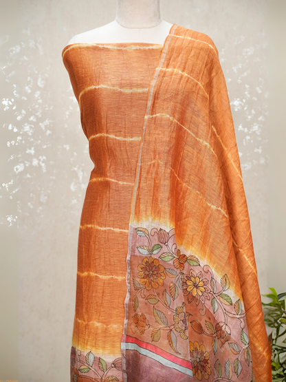 Unstitched Pure Silk Linen Kalamkari Suit with Crepe Bottom & Sequin Weave – 3 Pc Party Set