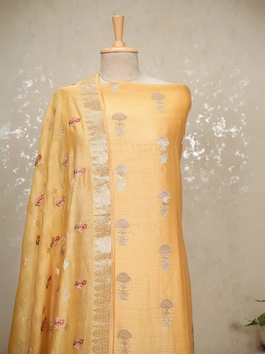 Unstitched Chanderi Banarasi Suit with Zari Embroidery & Booti Work, Imported Bottom