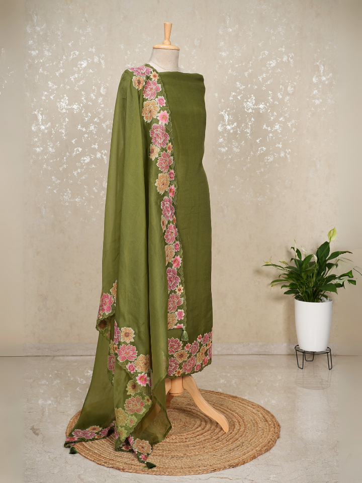 Unstitched Organza Silk Suit with Fine Embroidery & Pure Crepe Bottom – 3 Pc Set