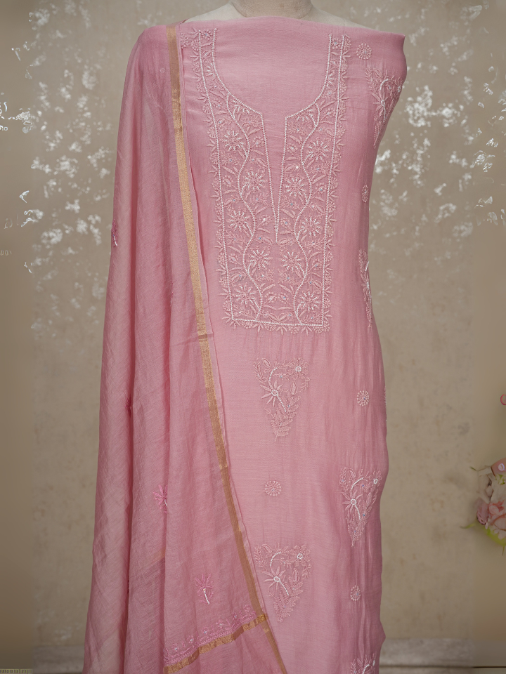 Chikankari Mul Chanderi Suit with Pearl & Sequin Embroidery