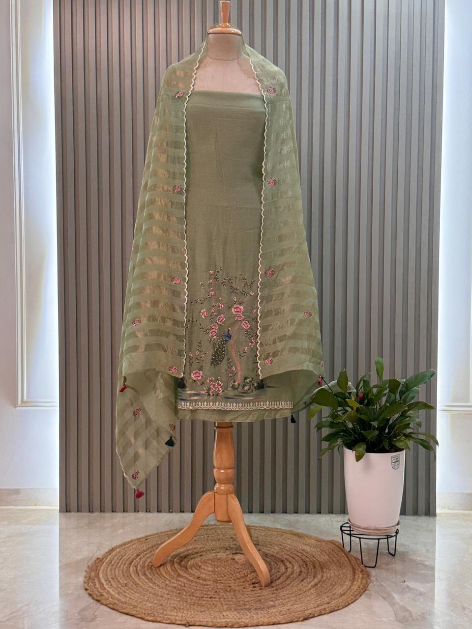 Peacock Motif Mul Chanderi Suit with Tissue Strip Dupatta