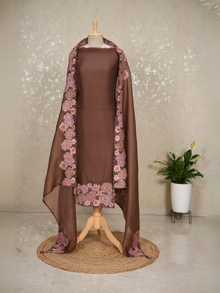 Unstitched Organza Silk Suit with Heavy Border – Bronze