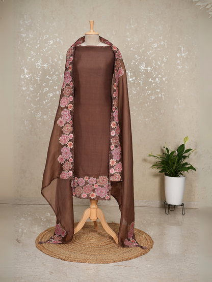 Unstitched Organza Silk Suit with Heavy Border – Bronze