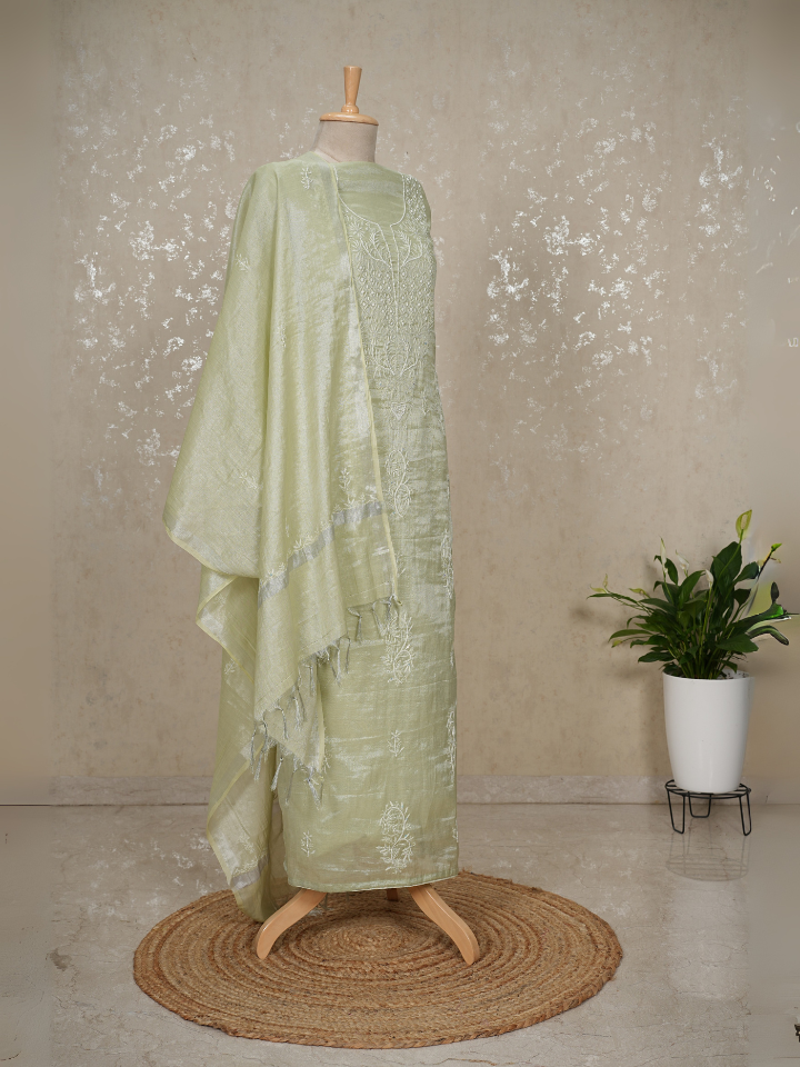 Unstitched Tissue Mul Chanderi Chikankari Suit – Pistachio Green