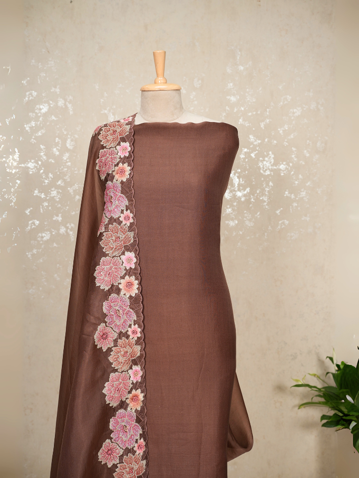 organza silk 3pc set with very fine embroidery on hem and dupatta with pure crepe bottom