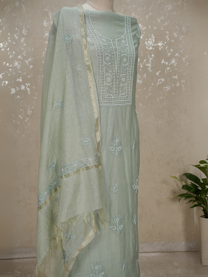 Chikankari Mul Chanderi Suit with Pearl & Sequin Embroidery